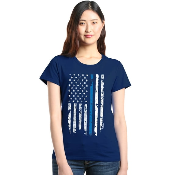 Shop4Ever Women's American Flag Blue Line Patriotic 4th of July Graphic T-Shirt Large Navy