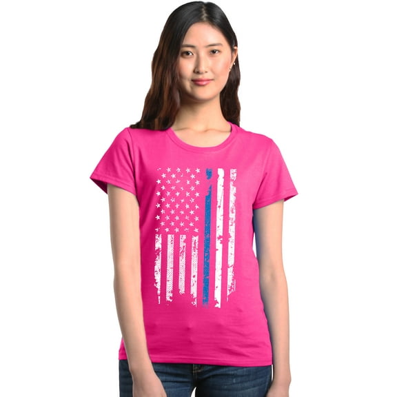 Shop4Ever Women's American Flag Blue Line Patriotic 4th of July Graphic T-Shirt XXX-Large Heliconia Pink