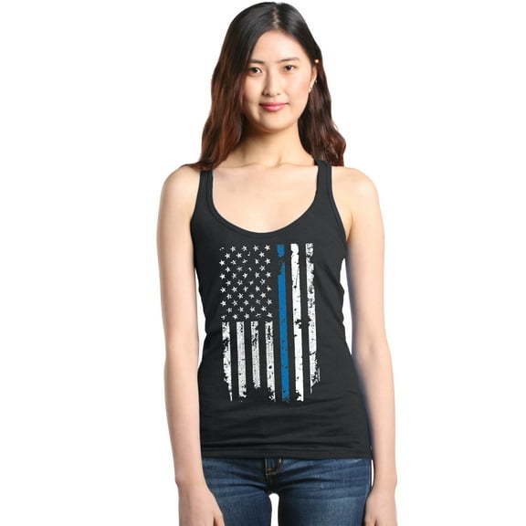 Shop4Ever Women's American Flag Blue Line Patriotic 4th of July Racerback Tank Top Medium Black