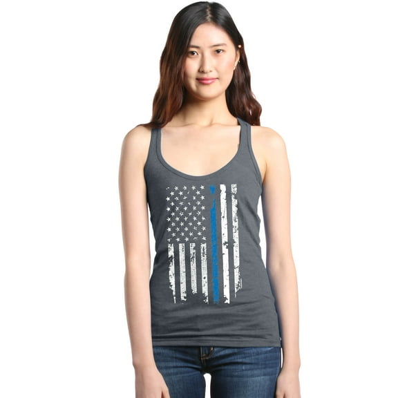 Shop4Ever Women's American Flag Blue Line Patriotic 4th of July Racerback Tank Top X-Small Charcoal