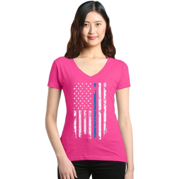 Shop4Ever Women's American Flag Blue Line Patriotic 4th of July Slim Fit V-Neck T-Shirt Small Pink