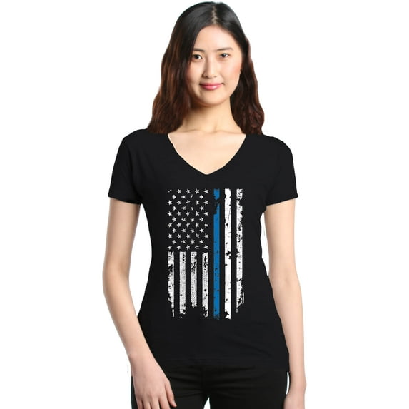Shop4Ever Women's American Flag Blue Line Patriotic 4th of July Slim Fit V-Neck T-Shirt X-Large Black