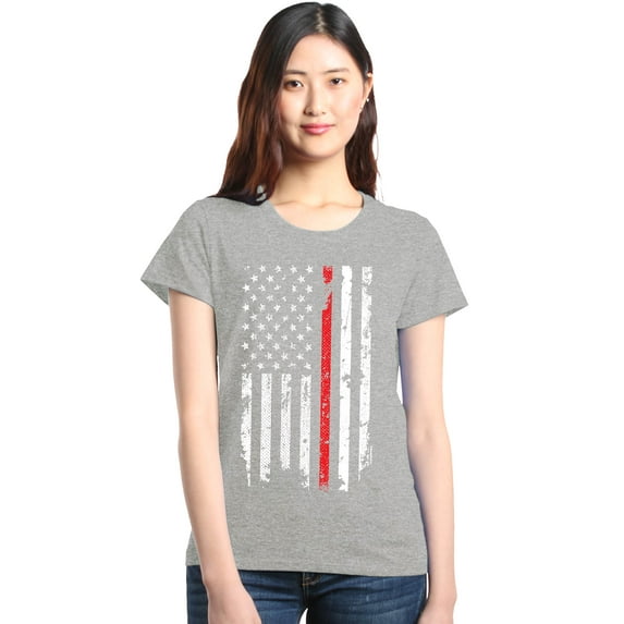 Shop4Ever Women's American Flag Red Line Patriotic 4th of July Graphic T-Shirt Medium Sports Grey
