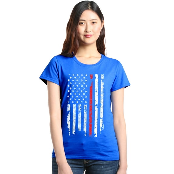 Shop4Ever Women's American Flag Red Line Patriotic 4th of July Graphic T-Shirt XX-Large Royal Blue