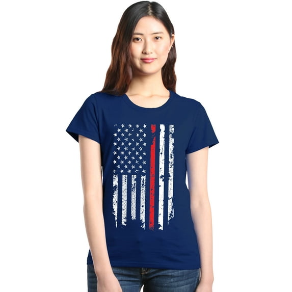 Shop4Ever Women's American Flag Red Line Patriotic 4th of July Graphic T-Shirt XXX-Large Navy