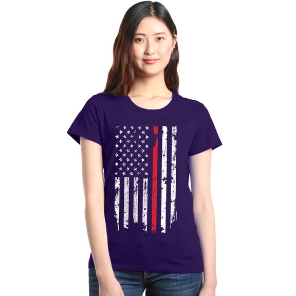 Shop4Ever Women's American Flag Red Line Patriotic 4th of July Graphic T-Shirt XXX-Large Purple