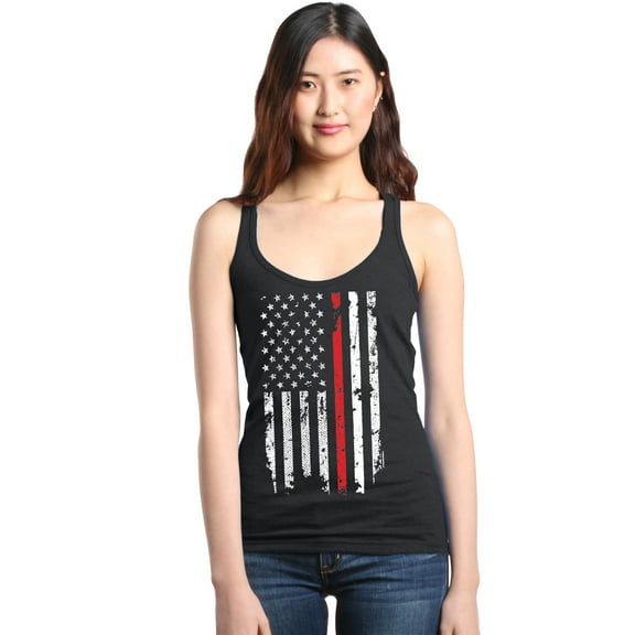 Shop4Ever Women's American Flag Red Line Patriotic 4th of July Racerback Tank Top Large Black