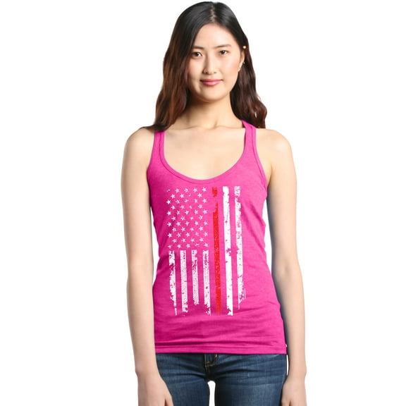 Shop4Ever Women's American Flag Red Line Patriotic 4th of July Racerback Tank Top X-Small Fuchsia