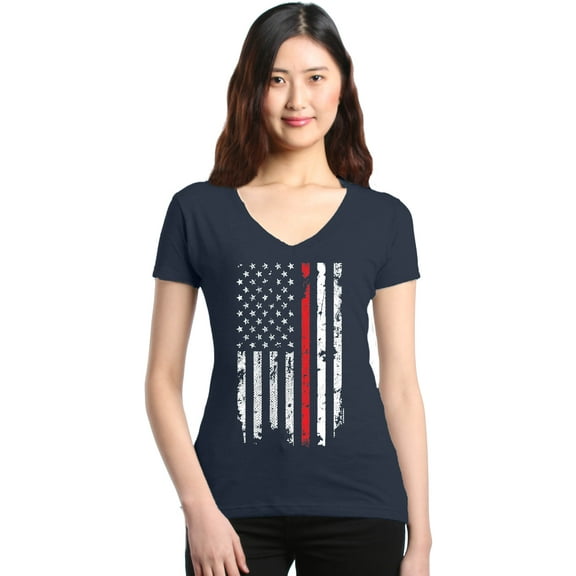 Shop4Ever Women's American Flag Red Line Patriotic 4th of July Slim Fit V-Neck T-Shirt Medium Charcoal