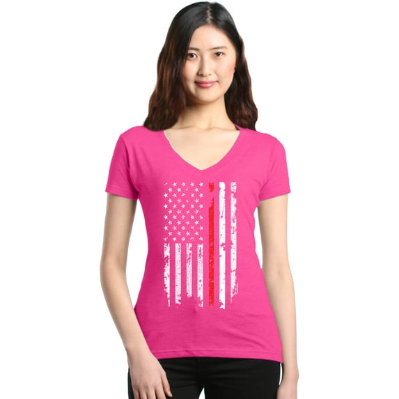 Shop4Ever Women's American Flag Red Line Patriotic 4th of July Slim Fit V-Neck T-Shirt Small Pink