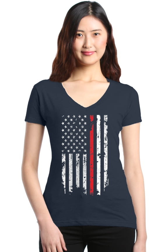 Women's American Flag Red Line Patriotic 4th of July Slim Fit V-Neck T-Shirt X-Small Charcoal