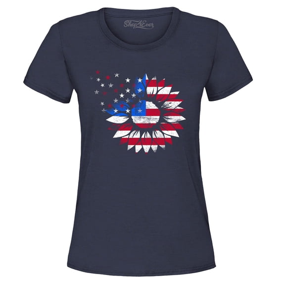 Shop4Ever Women's American Flag Sunflower Flower Star 4th of July Graphic T-Shirt Large Navy