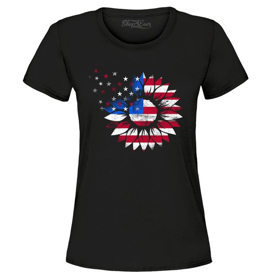 Shop4Ever Women's American Flag Sunflower Flower Star 4th of July Graphic T-Shirt Medium Black