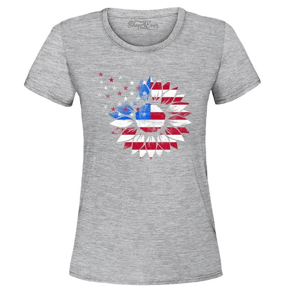 Shop4Ever Women's American Flag Sunflower Flower Star 4th of July Graphic T-Shirt Medium Sports Grey
