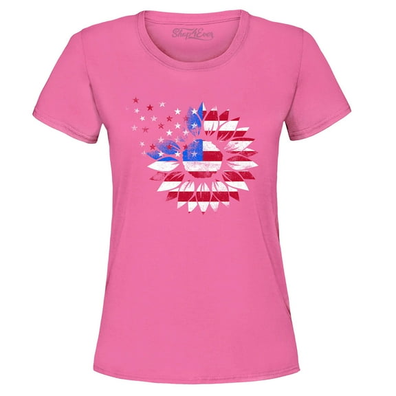 Shop4Ever Women's American Flag Sunflower Flower Star 4th of July Graphic T-Shirt XXX-Large Azalea Pink
