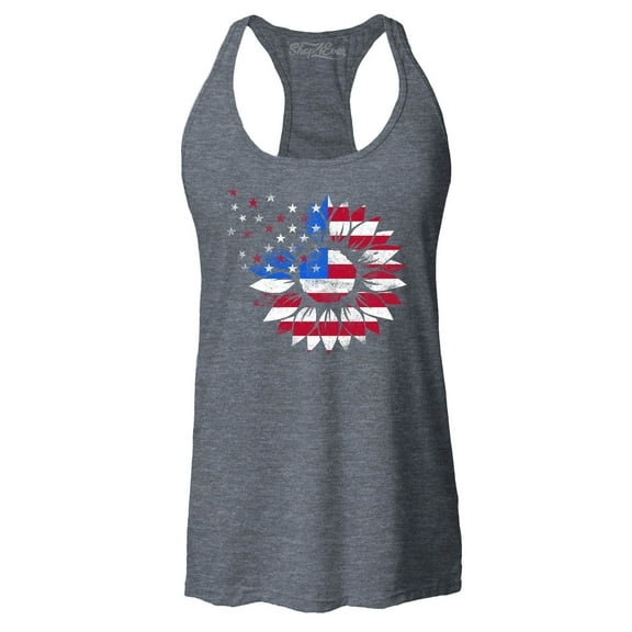 Shop4Ever Women's American Flag Sunflower Flower Star 4th of July Racerback Tank Top Large Charcoal