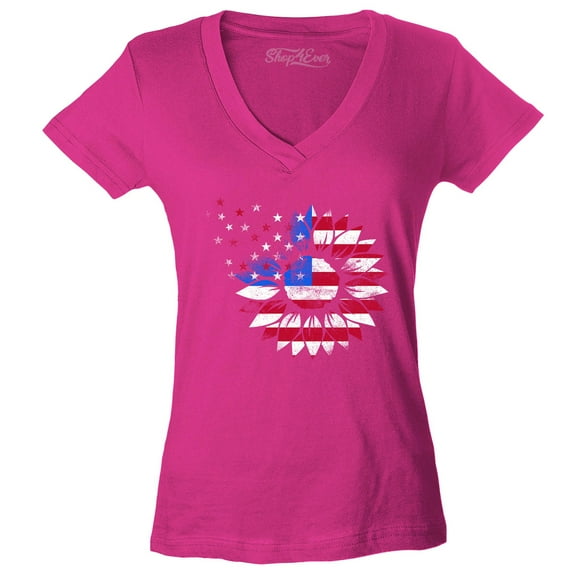 Shop4Ever Women's American Flag Sunflower Flower Star 4th of July Slim Fit V-Neck T-Shirt Medium Pink