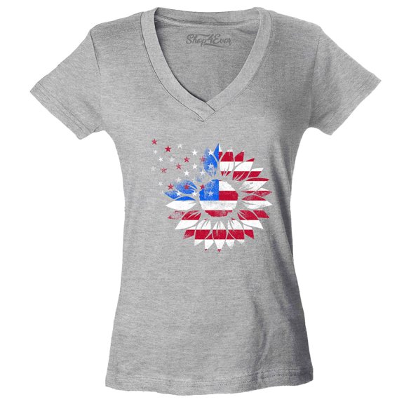 Shop4Ever Women's American Flag Sunflower Flower Star 4th of July Slim Fit V-Neck T-Shirt Small Sports Grey