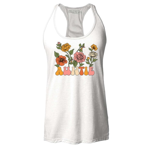 Shop4Ever Women's Auntie Floral Flowers Retro Groovy Wildflowers Aesthetic Racerback Tank Top Large White