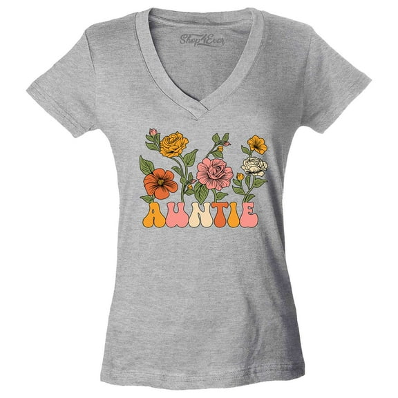 Shop4Ever Women's Auntie Floral Flowers Retro Groovy Wildflowers Aesthetic Slim Fit V-Neck T-Shirt Large Sports Grey