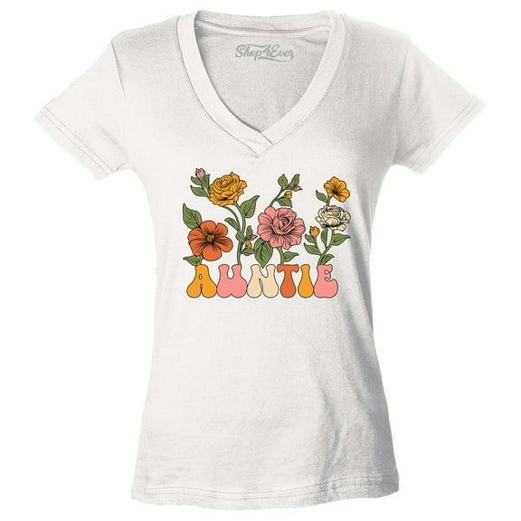 Shop4Ever Women's Auntie Floral Flowers Retro Groovy Wildflowers Aesthetic Slim Fit V-Neck T-Shirt X-Large White