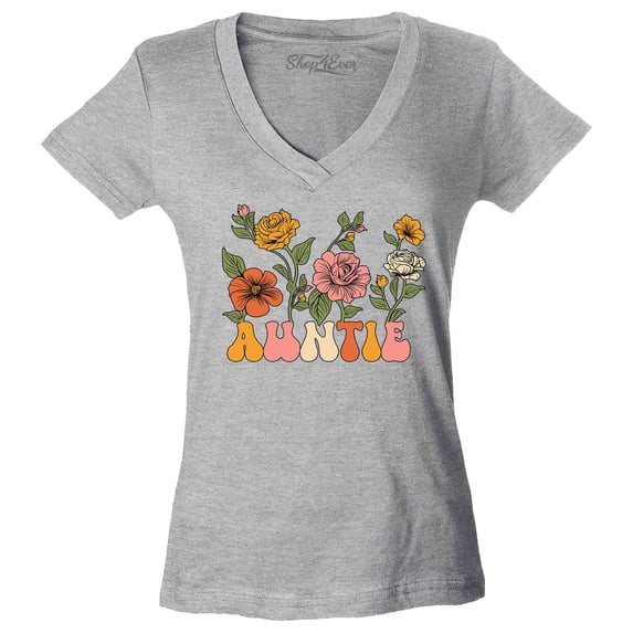 Shop4Ever Women's Auntie Floral Flowers Retro Groovy Wildflowers Aesthetic Slim Fit V-Neck T-Shirt X-Small Sports Grey