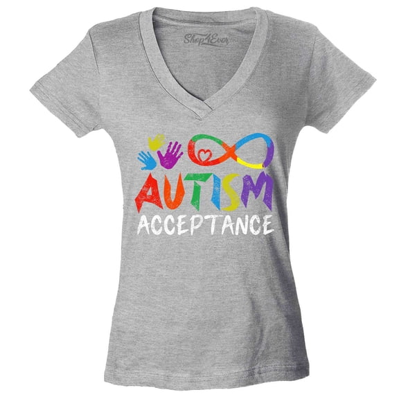Shop4Ever Women's Autism Acceptance Infinity Symbol Slim Fit V-Neck T-Shirt Medium Sports Grey