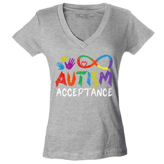 Shop4Ever Women's Autism Acceptance Infinity Symbol Slim Fit V-Neck T-Shirt Small Sports Grey