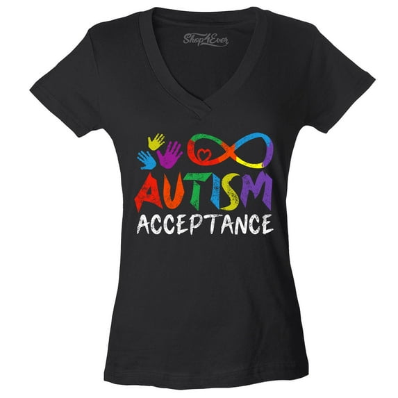 Shop4Ever Women's Autism Acceptance Infinity Symbol Slim Fit V-Neck T-Shirt X-Large Black