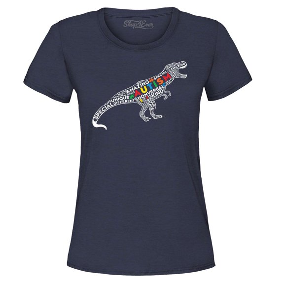 Shop4Ever Women's Autism Awareness Dinosaur Word Cloud Graphic T-Shirt X-Large Navy