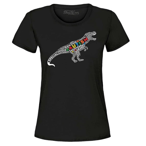 Shop4Ever Women's Autism Awareness Dinosaur Word Cloud Graphic T-Shirt XXX-Large Black