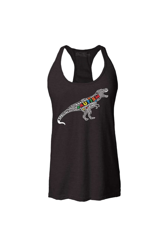 Women's Autism Awareness Dinosaur Word Cloud Racerback Tank Top Medium Black