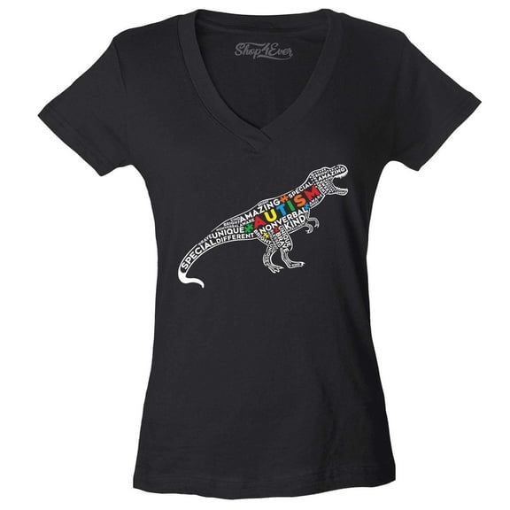 Shop4Ever Women's Autism Awareness Dinosaur Word Cloud Slim Fit V-Neck T-Shirt Small Black