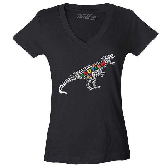 Shop4Ever Women's Autism Awareness Dinosaur Word Cloud Slim Fit V-Neck T-Shirt X-Small Black