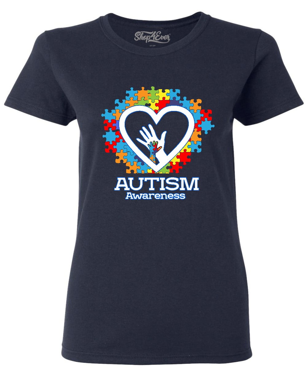 Shop4Ever Women's Autism Awareness Hands Puzzle Heart Graphic T-Shirt Large Navy