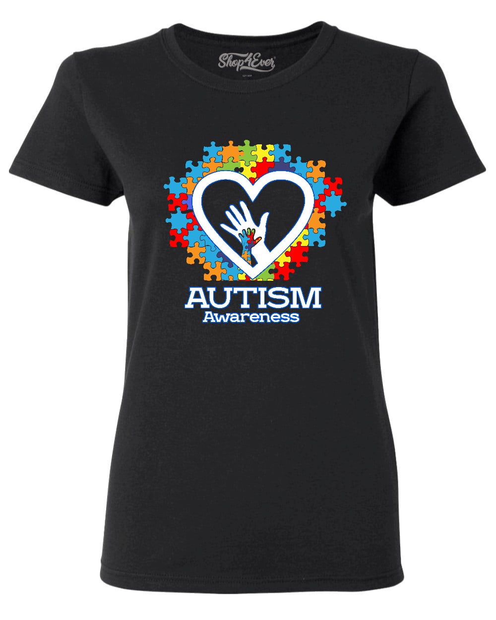 Shop4Ever Women's Autism Awareness Hands Puzzle Heart Graphic T-Shirt Medium Black