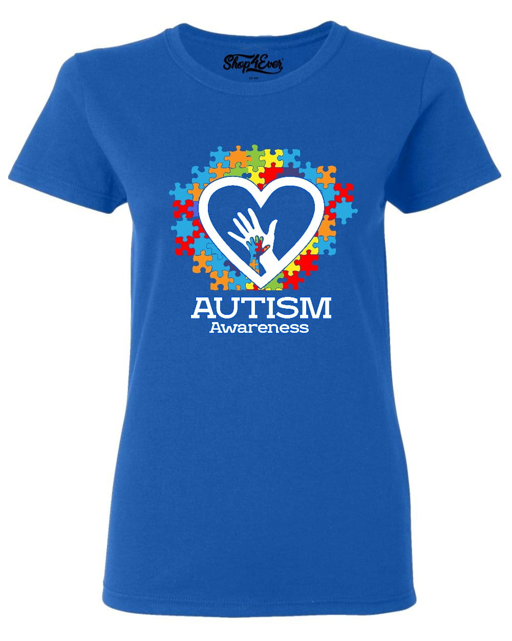 Shop4Ever Women's Autism Awareness Hands Puzzle Heart Graphic T-Shirt X-Large Royal Blue