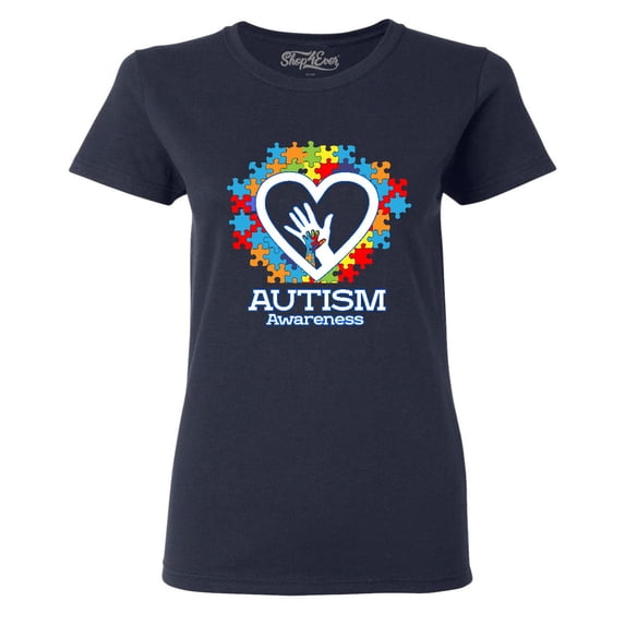 Shop4Ever Women's Autism Awareness Hands Puzzle Heart Graphic T-Shirt XXX-Large Navy