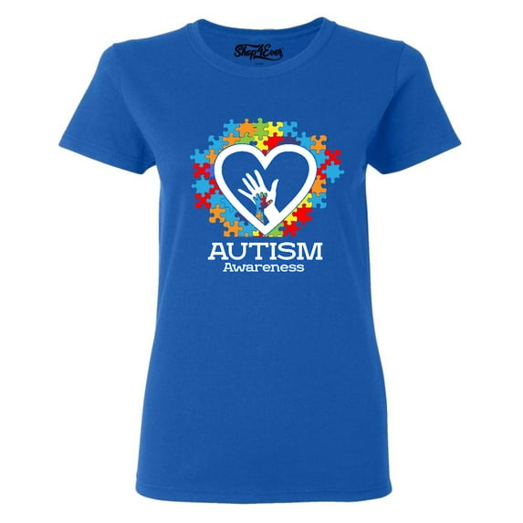 Shop4Ever Women's Autism Awareness Hands Puzzle Heart Graphic T-Shirt XXX-Large Royal Blue