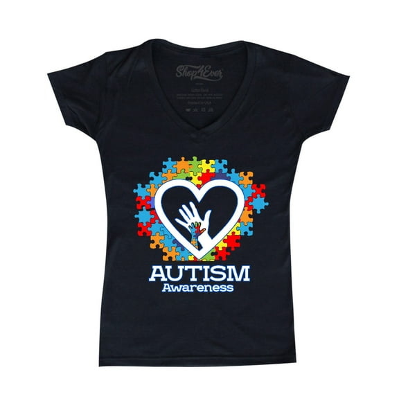 Shop4Ever Women's Autism Awareness Hands Puzzle Heart Slim Fit V-Neck T-Shirt Medium Black