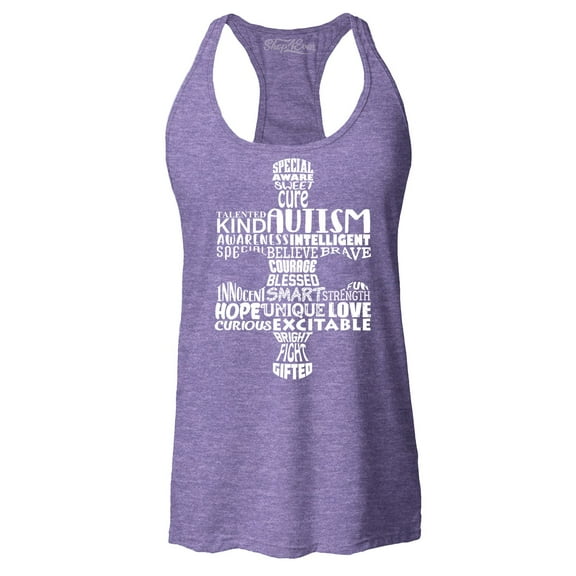 Shop4Ever Women's Autism Awareness Puzzle Piece Word Cloud Racerback Tank Top Large Purple