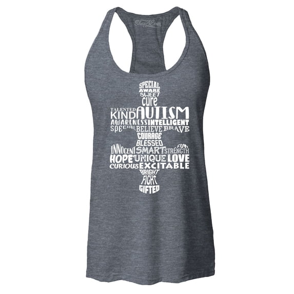 Shop4Ever Women's Autism Awareness Puzzle Piece Word Cloud Racerback Tank Top Small Charcoal