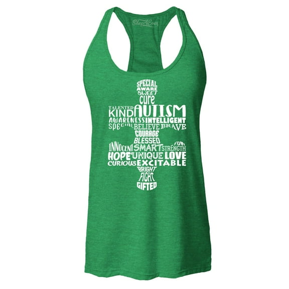 Shop4Ever Women's Autism Awareness Puzzle Piece Word Cloud Racerback Tank Top Small Kelly Green