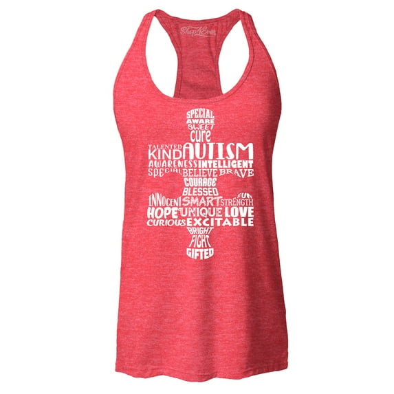 Shop4Ever Women's Autism Awareness Puzzle Piece Word Cloud Racerback Tank Top X-Large Red