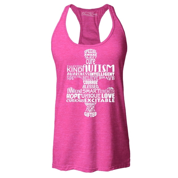 Shop4Ever Women's Autism Awareness Puzzle Piece Word Cloud Racerback Tank Top X-Small Fuchsia