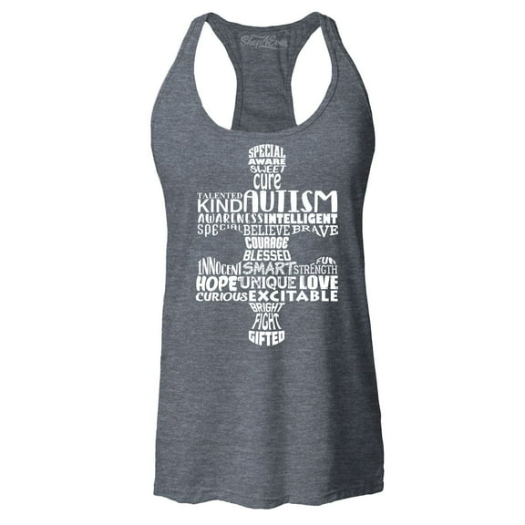 Shop4Ever Women's Autism Awareness Puzzle Piece Word Cloud Racerback Tank Top XX-Large Charcoal