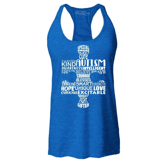 Shop4Ever Women's Autism Awareness Puzzle Piece Word Cloud Racerback Tank Top XX-Large Royal Blue