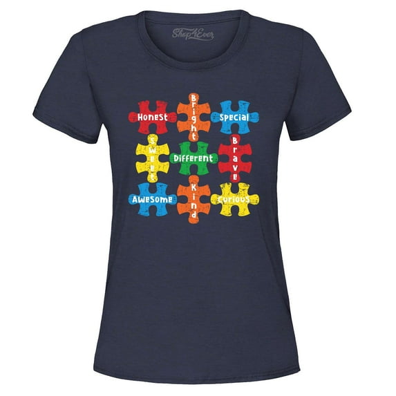 Shop4Ever Women's Autism Awareness Puzzle Pieces with Words Graphic T-Shirt Large Navy
