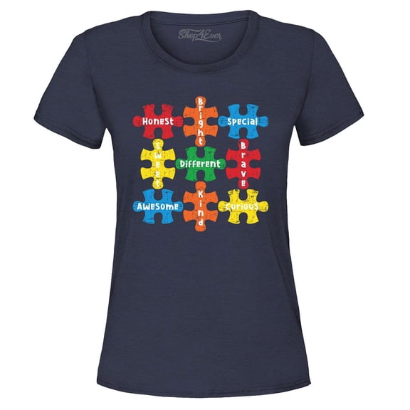 Shop4Ever Women's Autism Awareness Puzzle Pieces with Words Graphic T-Shirt Large Navy