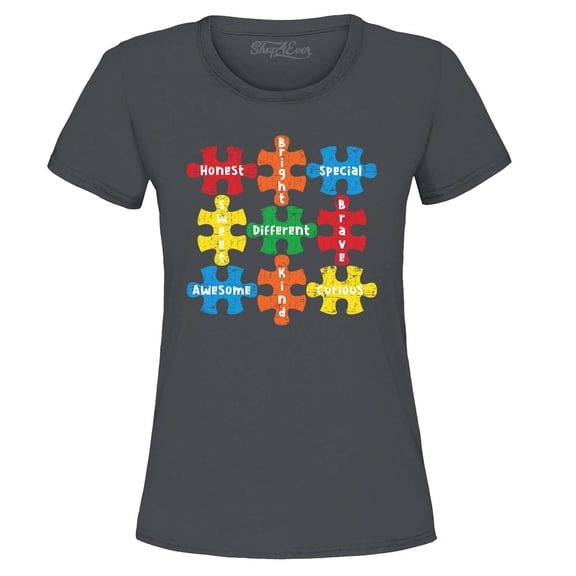 Shop4Ever Women's Autism Awareness Puzzle Pieces with Words Graphic T-Shirt Small Charcoal